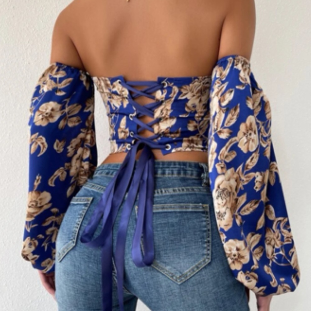 Boho blue floral print lace up back satin bustier corset tube top - Picture 3 of 6